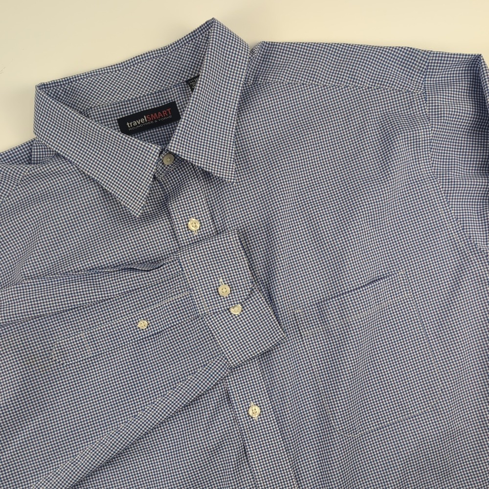 Roundtree & Yorke travelSMART Men 3XT Blue Gingham Button Down Shirt Long Sleeve